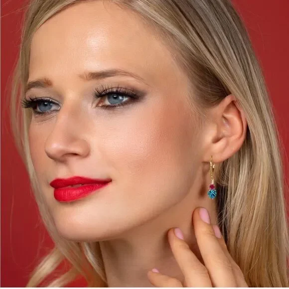 18K Yellow Gold with 3.73 Cttw London Blue Topaz and Ruby Heart Drop Earrings